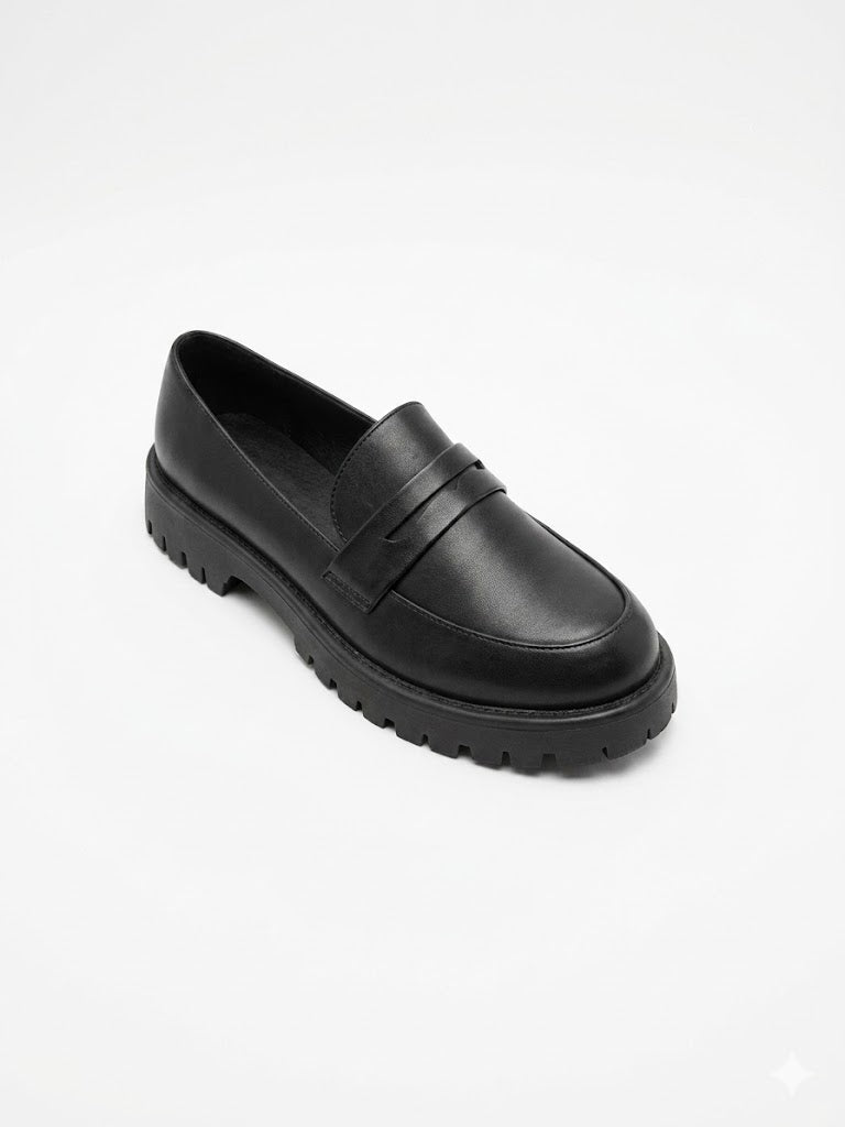 Mocassins noirs à grosse semelle crantée et bande penny
