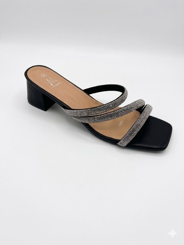 Mule à talon bloc noire avec brides strass croisées