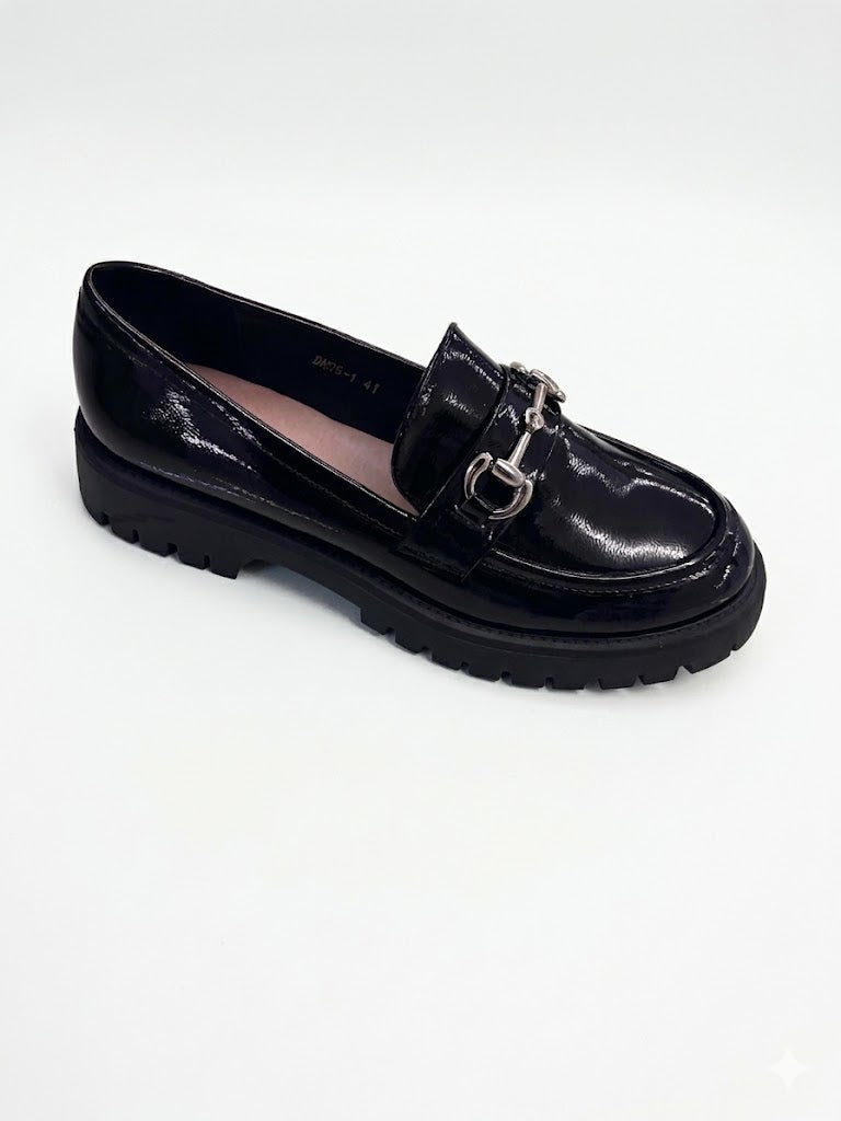 Loafer vernis noir semelle plateforme barre argentée & bout rond