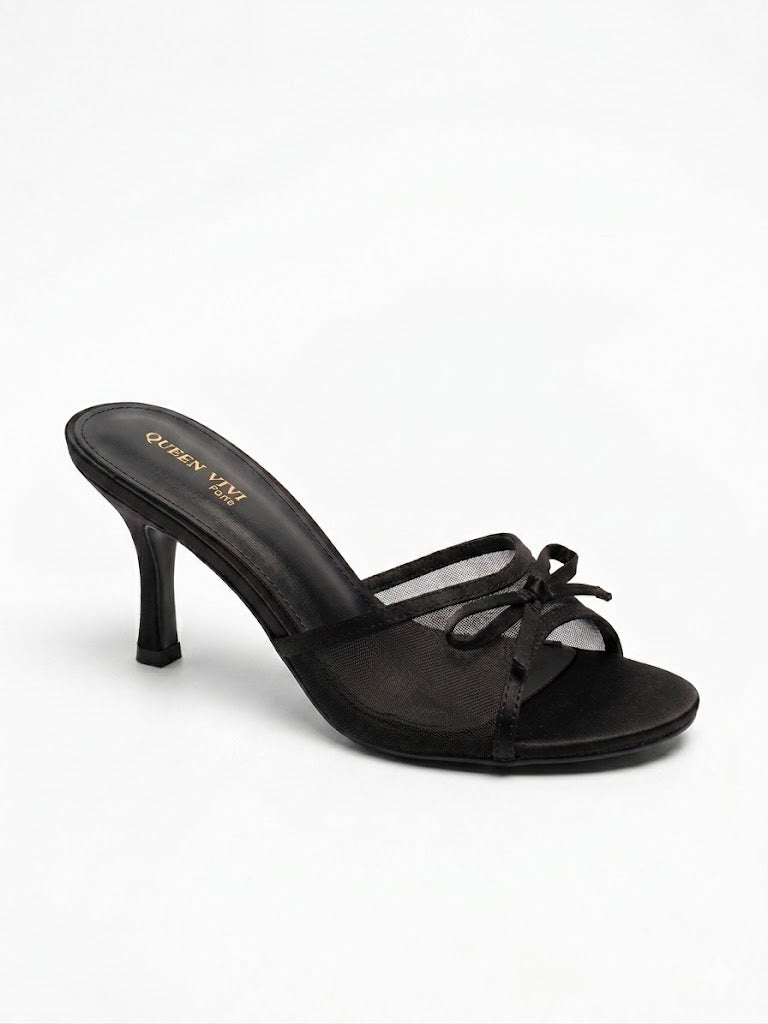 Mules à talon kitten en mesh transparent et nœud bout ouvert