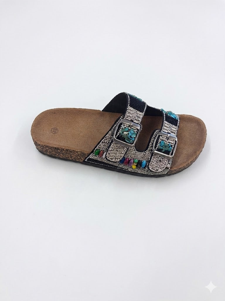 Mules à double bride brodée de perles et pierres semelle effet liège