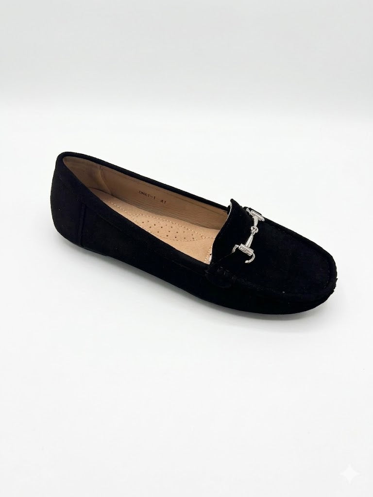 Mocassin plat en daim avec détail mors argenté