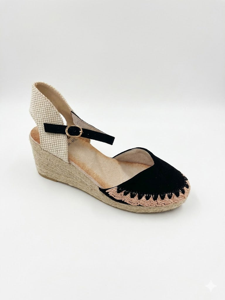 Espadrilles compensées à bride cheville semelle corde et finition crochet