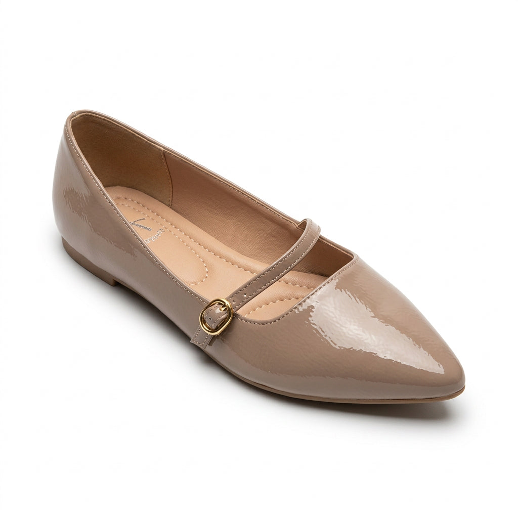 Ballerine plate taupe, bout pointu et bride vernie
