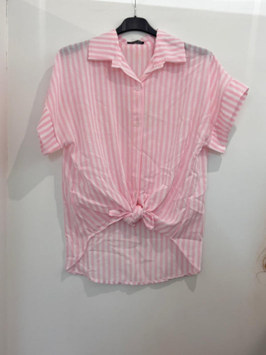 Chemise Oversize et Rayures Verticales à Manches Courtes en Lin