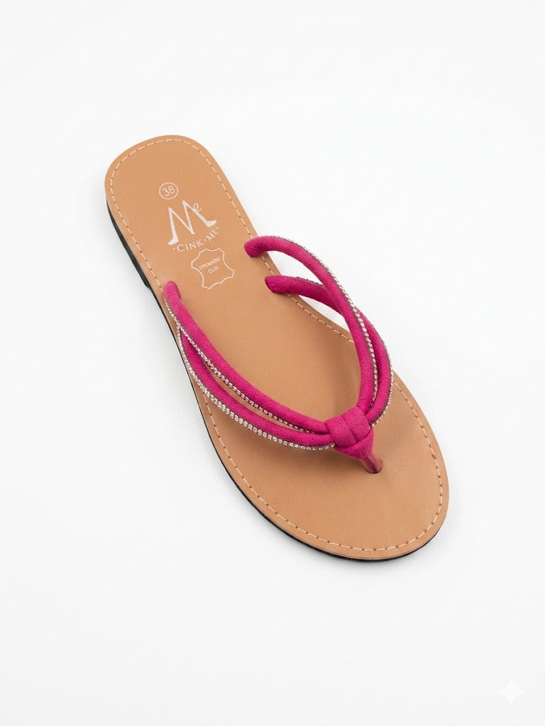 Tong Plate Rose Fuchsia à Brides Tissu et Liseré Strass sur Semelle Cuir Cognac