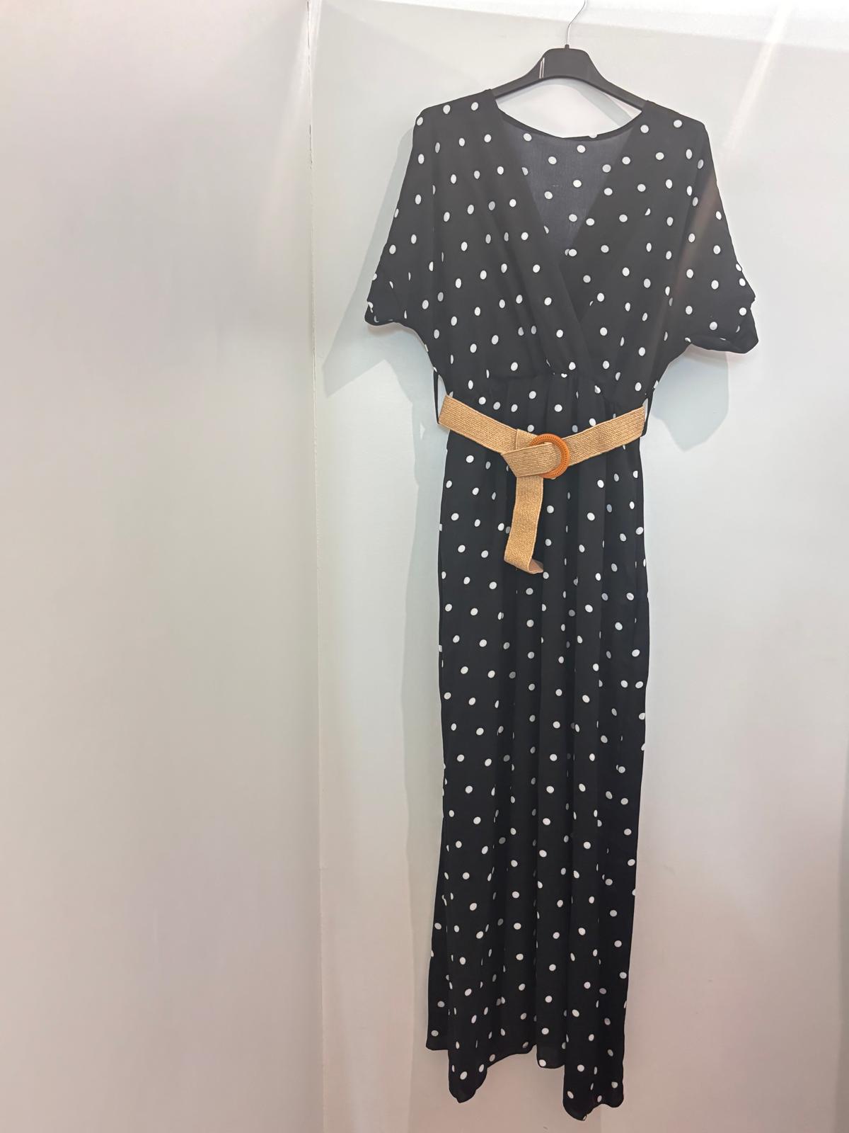 Robe Longue à Pois Col V Croisé Manches Chauve-Souris avec Ceinture Raphia