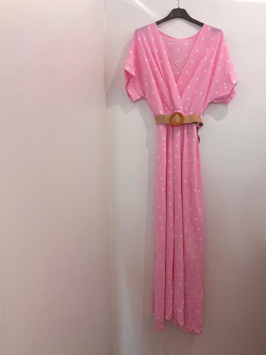 Robe Longue à Pois Col V Croisé Manches Chauve-Souris avec Ceinture Raphia