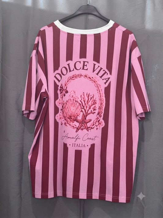 T-shirt oversize à rayures rose et bordeaux