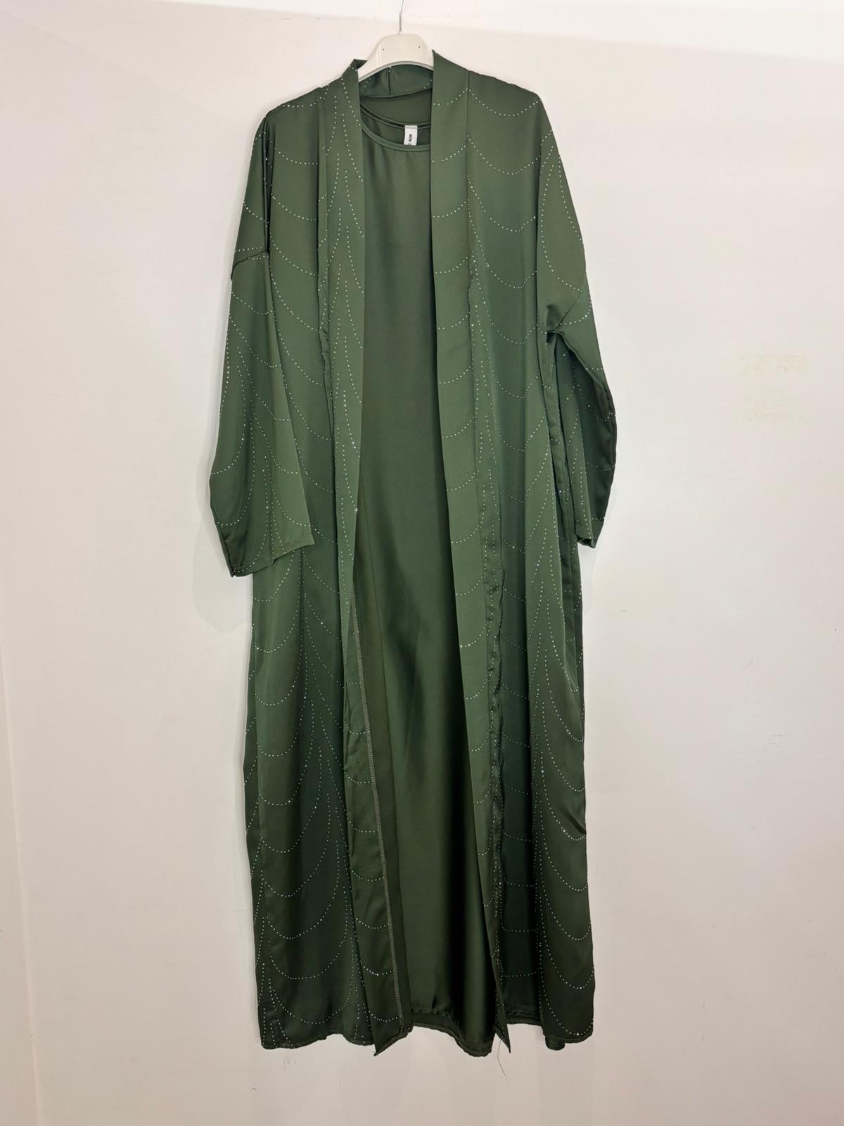 Ensemble abaya avec gilet long fluide avec strass élégants