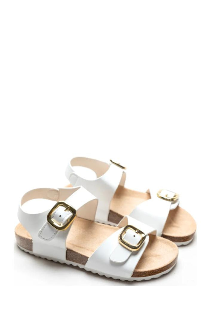 Sandale avec brides blanches boucles dorées et semelle liège