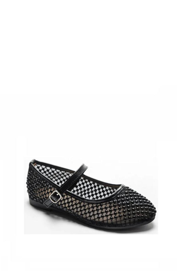 Chaussure Mary Jane noire en résille avec strass incrustés et bride à boucle