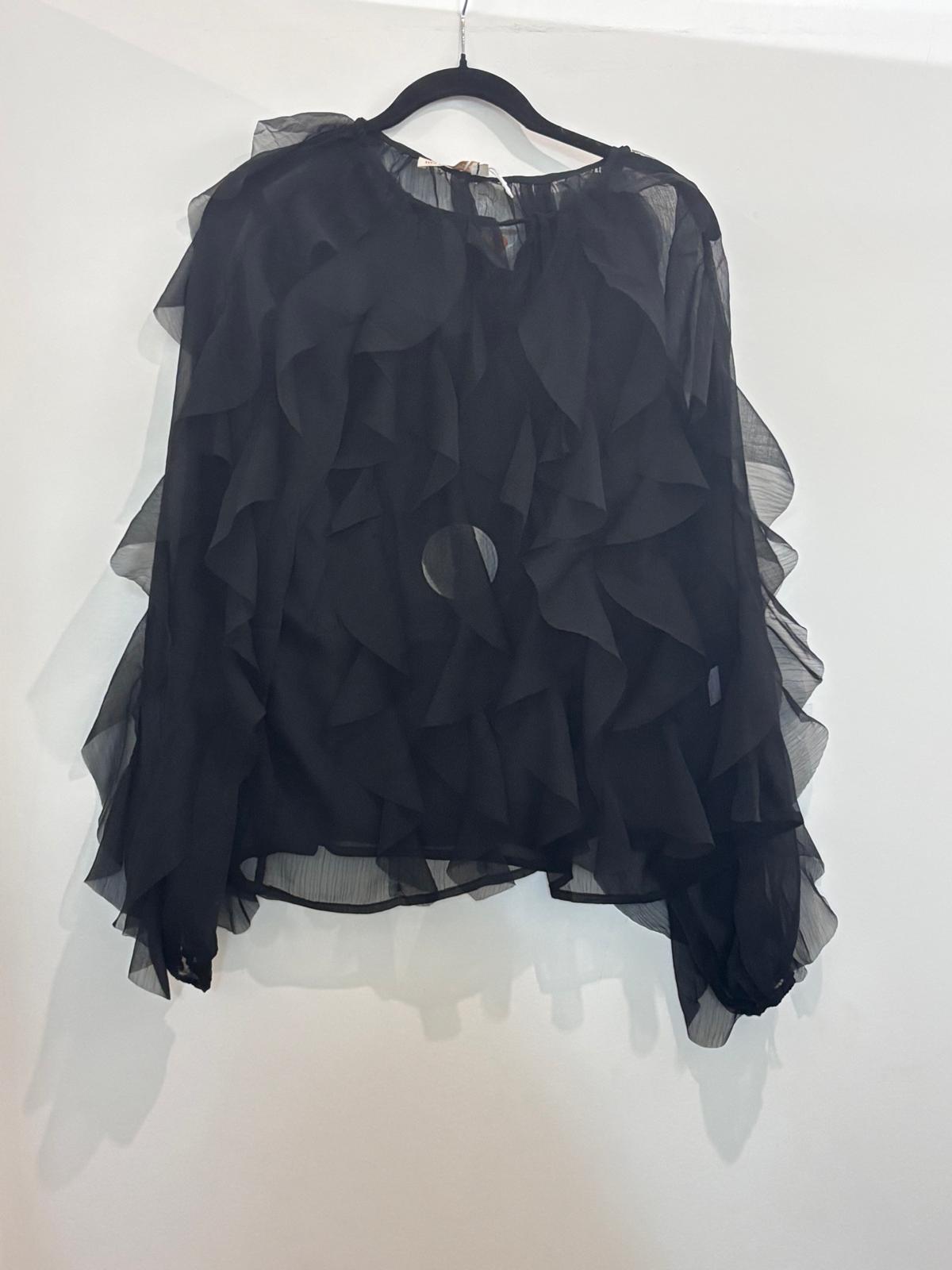 Blouse en voile à volants cascade manches longues bouffantes
