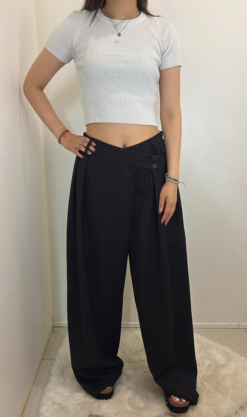 Pantalon large taille haute à plis