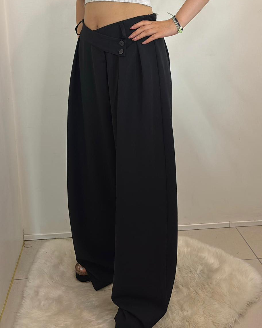 Pantalon large taille haute à plis