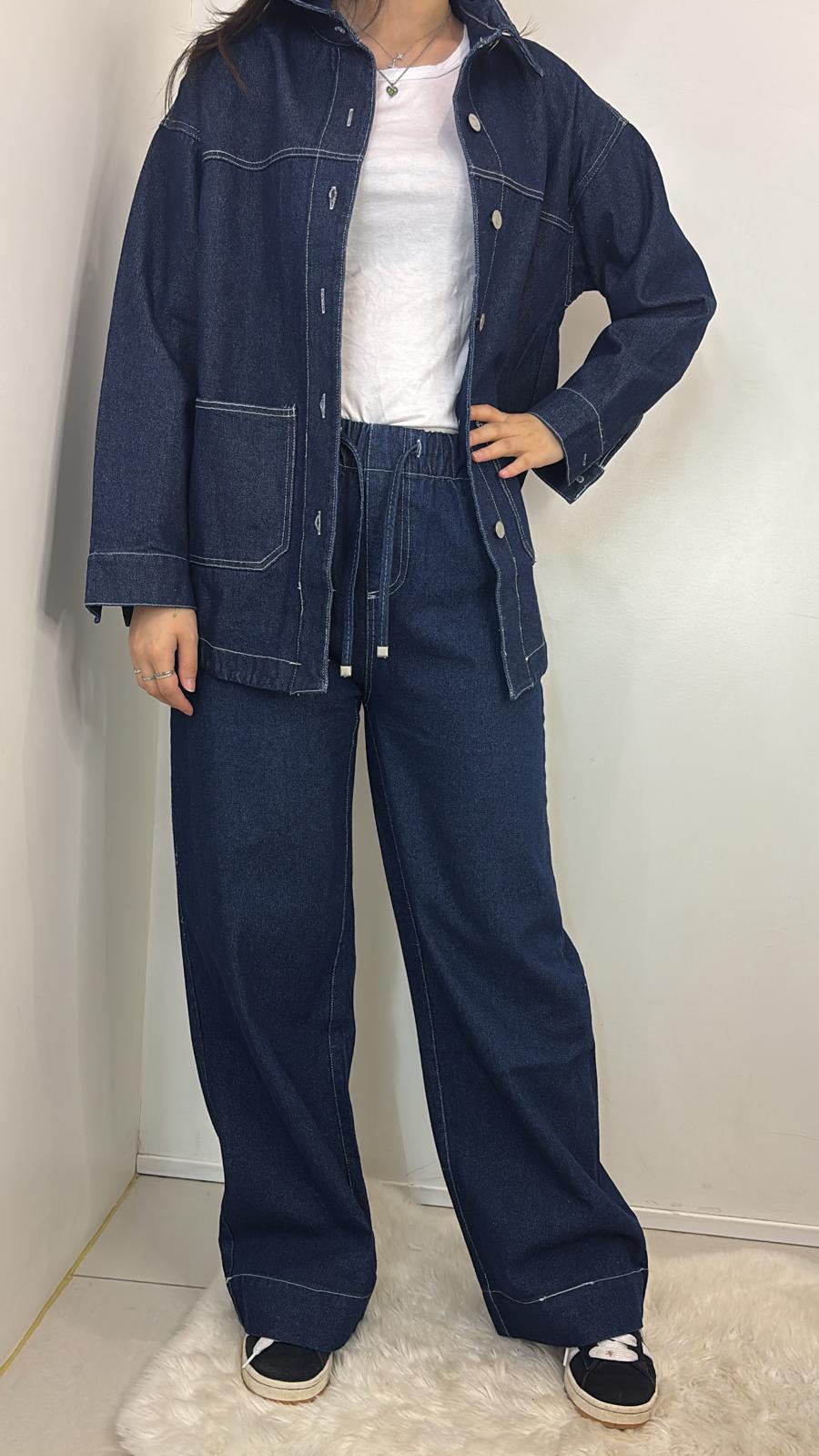 Pantalon large en jean brut à taille haute et lien à nouer