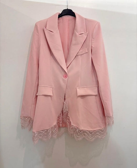 Blazer oversize monobouton bordure dentelle bas & manches