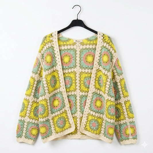 Gilet multicolore cardigan ouvert en crochet avec motifs