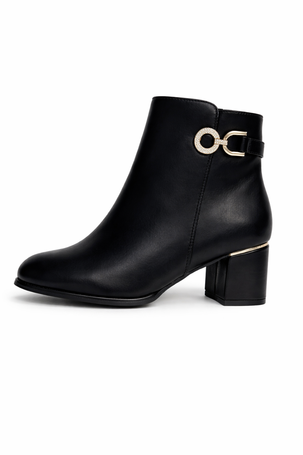 Bottines noires à talon carré avec boucle décorative dorée et finition lisse