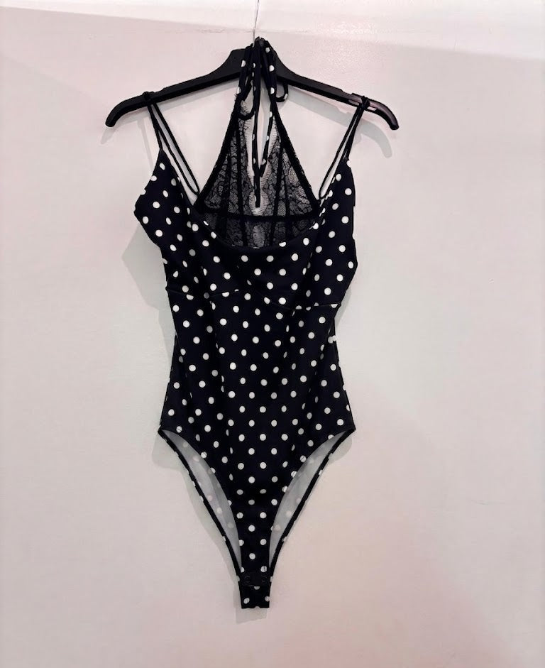 Body satin pois col V dentelle & bretelles fines