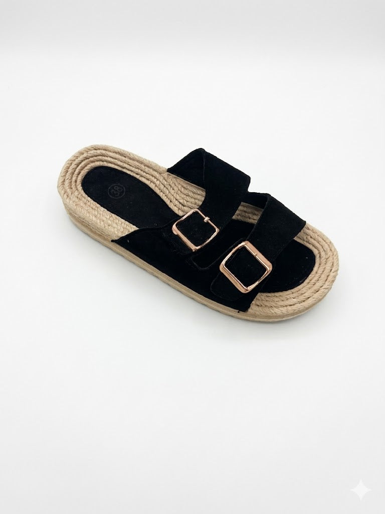 Mule plateforme en suède avec double bride à boucles dorées et semelle en corde tressée