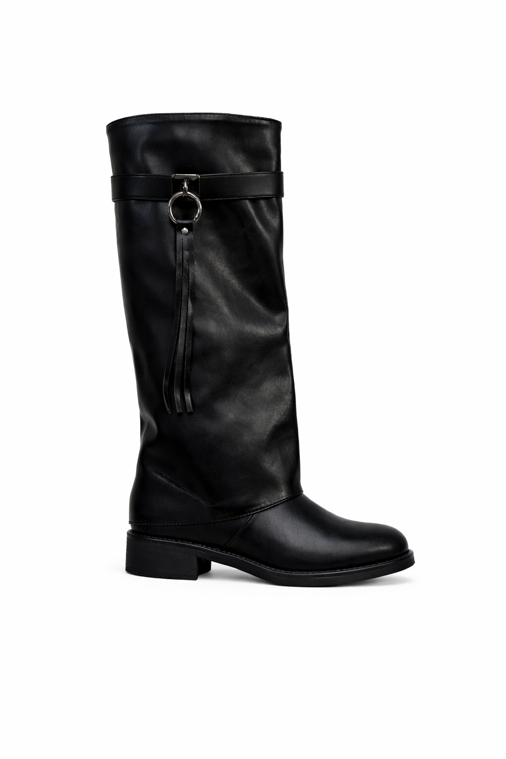 Bottes noire mi-haute en simili cuir avec anneau décoratif