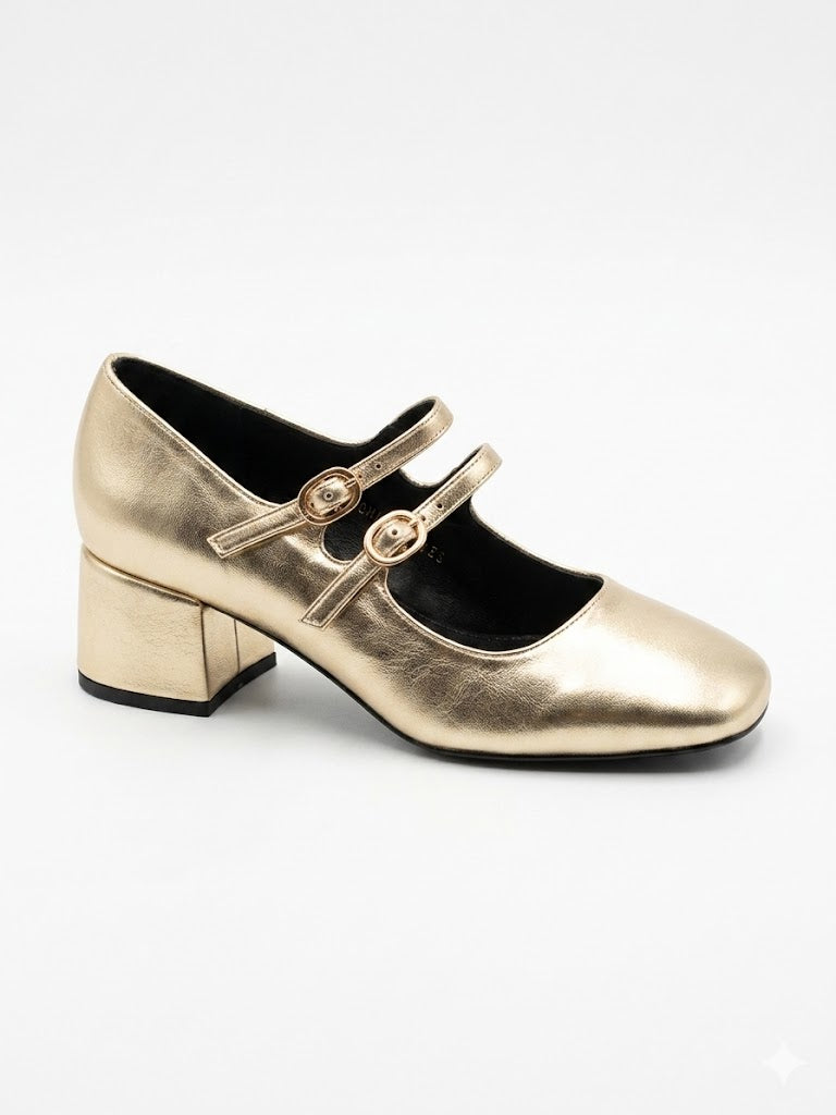 Mary Jane Dorée Métallisée Talon Carré – Double Bride Boucles Dorées & Bout Carré
