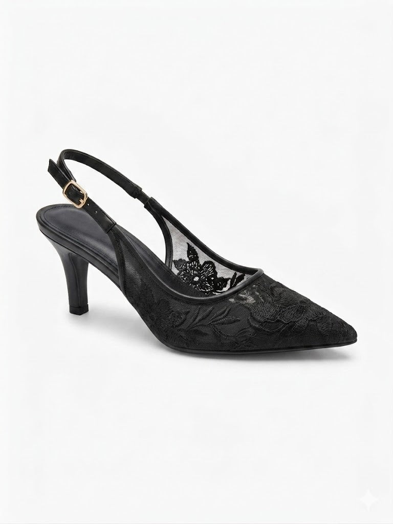 Escarpins slingback en dentelle florale brodée bout pointu et talon fin