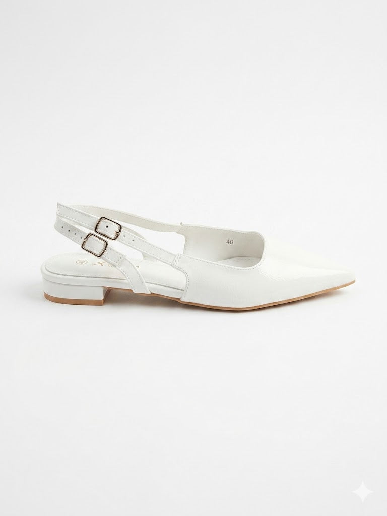Slingback Plat Blanc Talon Bas – Double Bride Cheville Dorée & Bout Pointu