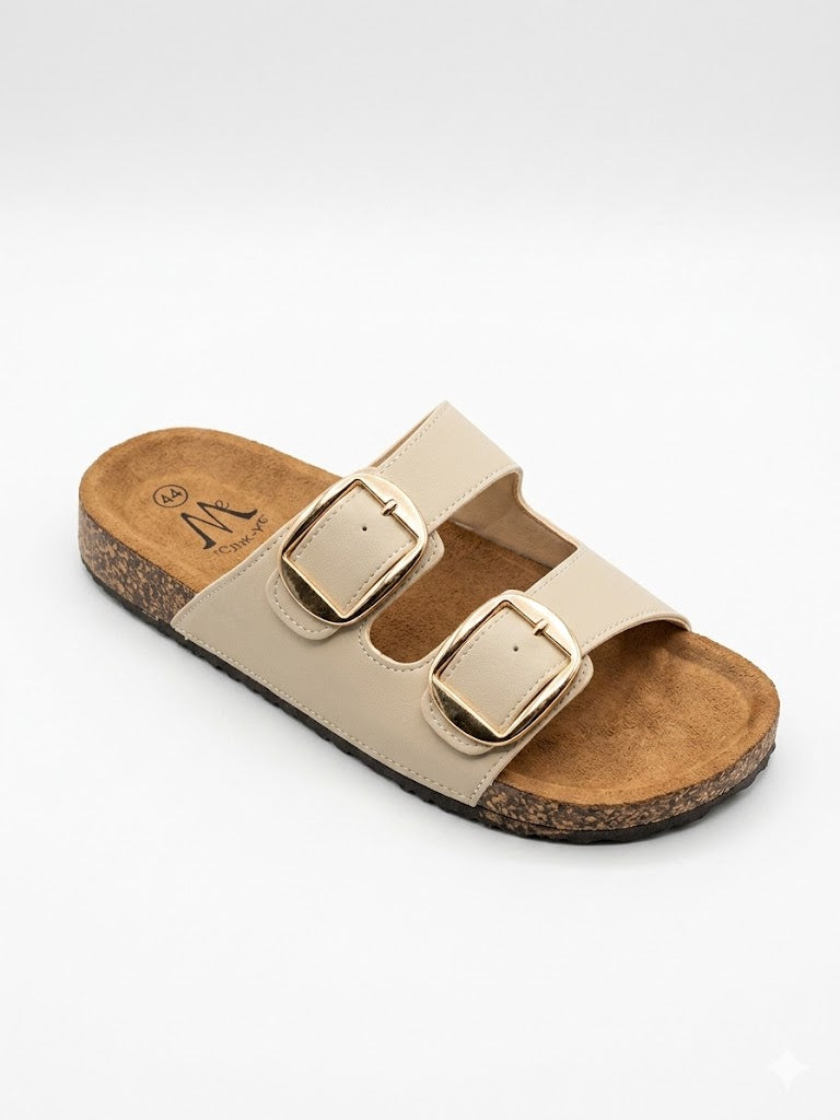 Mule Double Bride – Grandes Boucles Dorées & Semelle Liège