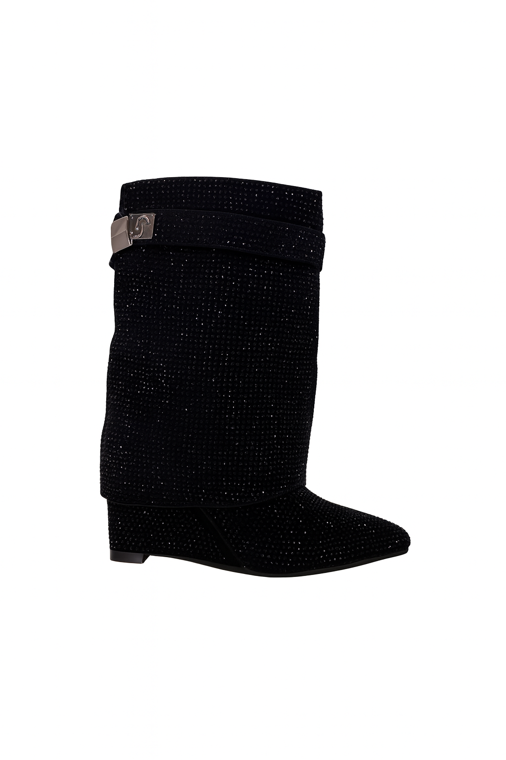 Bottes noires brillantes à cristaux & bride métallique