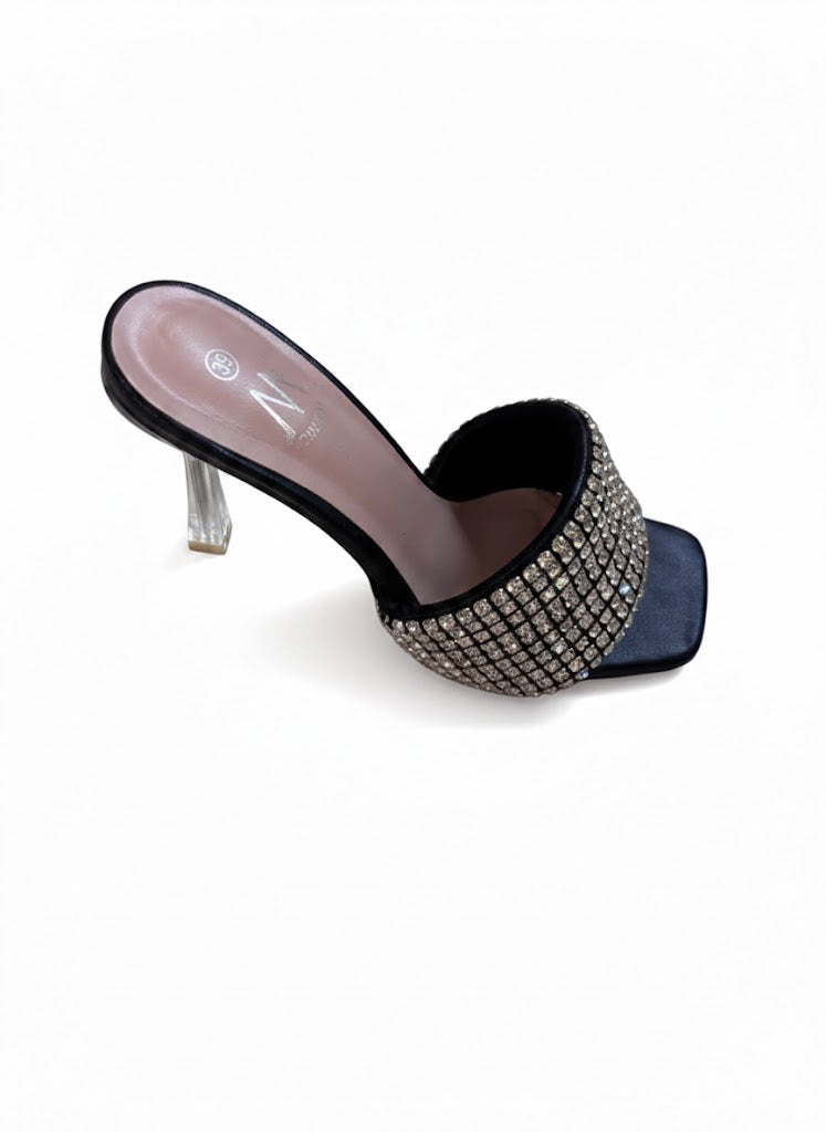 Talon fin transparent de soirée noire à strass
