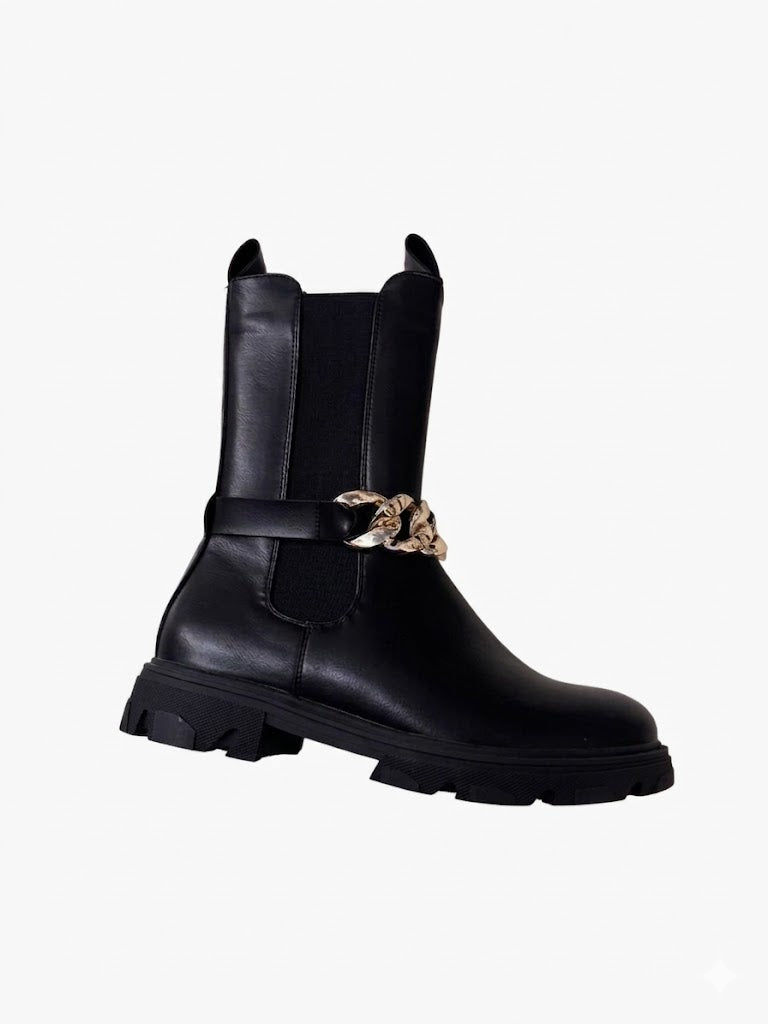 Bottines noires chunky à semelle épaisse avec chaîne métallique décorative