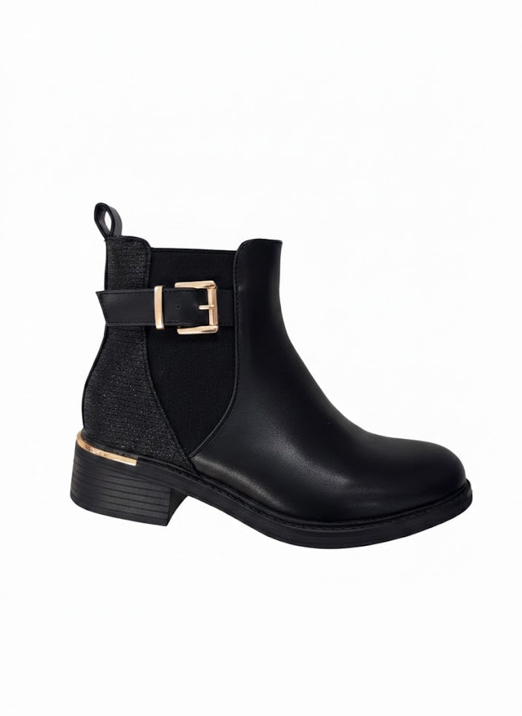 Bottines talon bas empiècement texturé et boucle métallique dorée