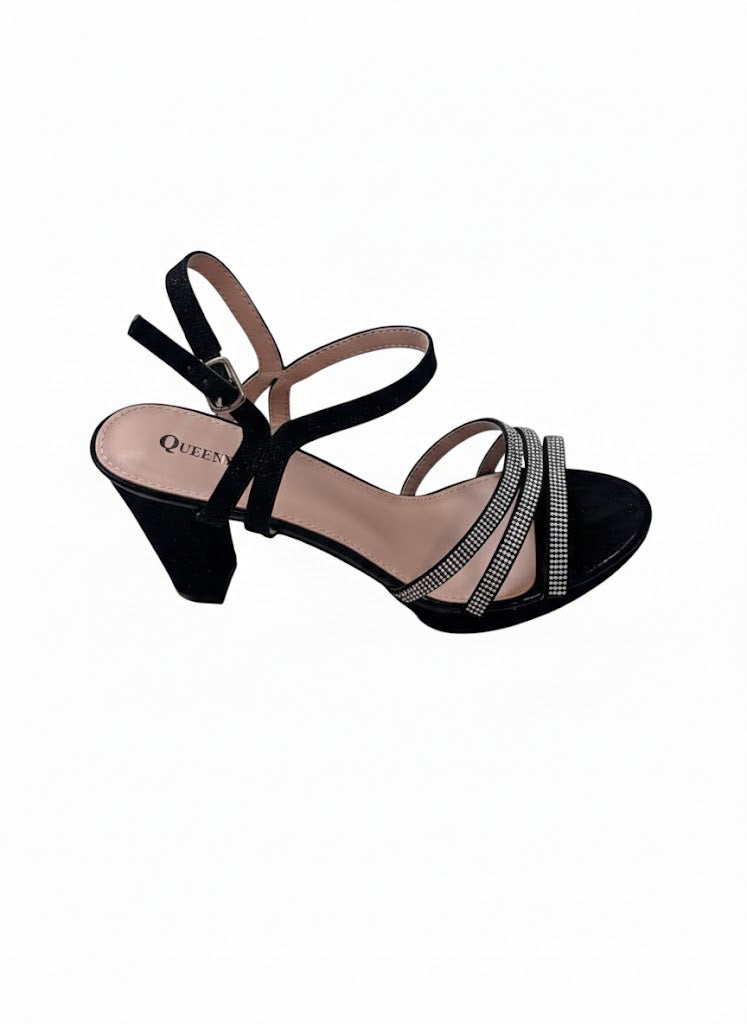 Sandales noire à brides strass et talon moyen