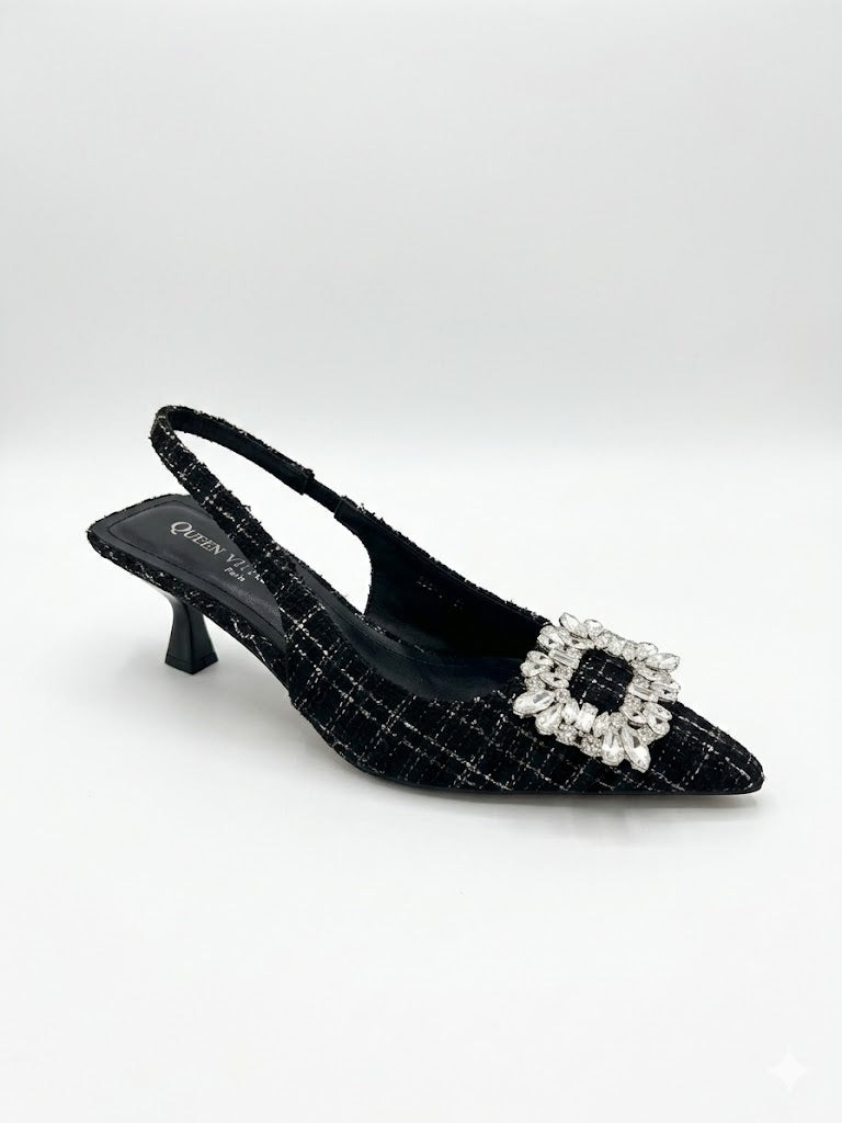 Escarpin slingback à talon moyen avec broche strass