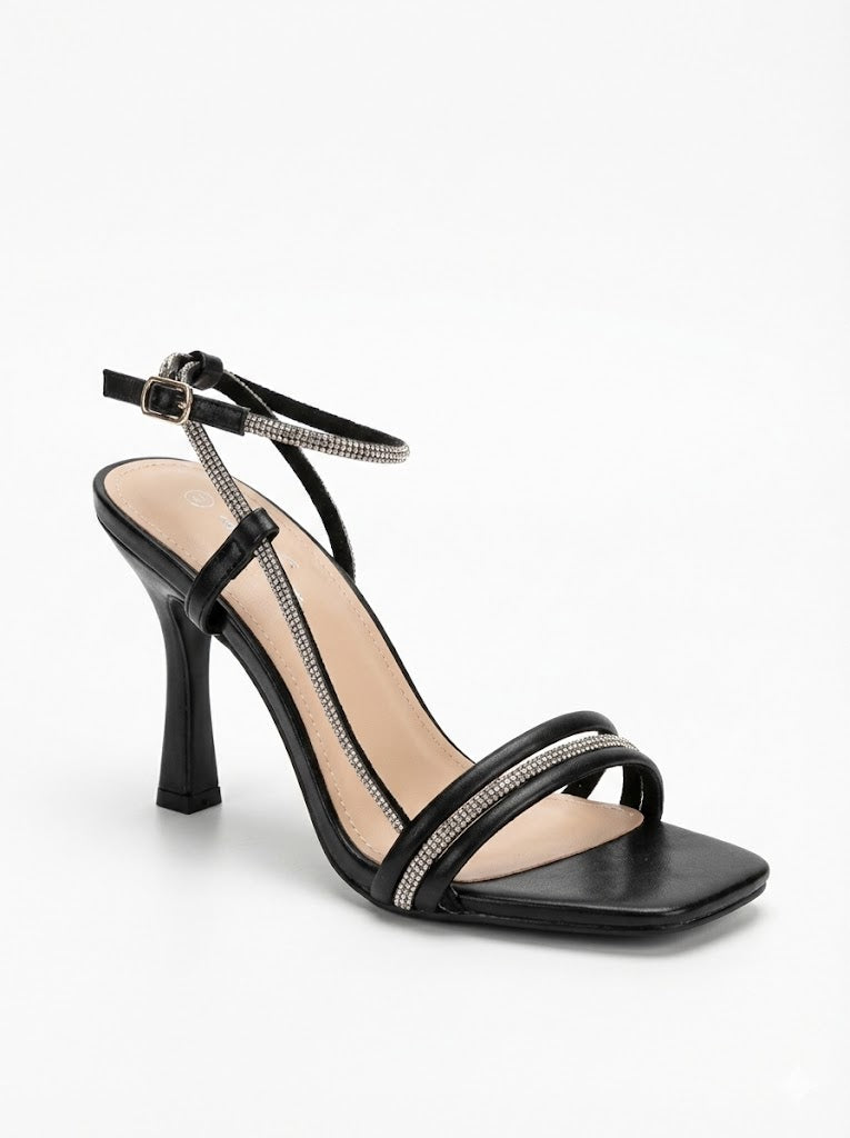Sandales noires élégantes à brides strassées et talon fin