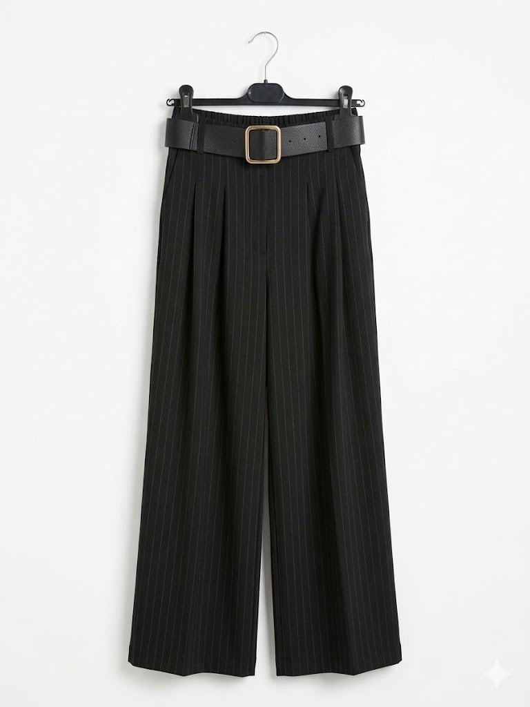 Pantalon fluide à pinces avec ceinture noire taille haute