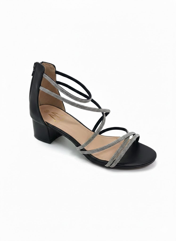 Sandales à talon carré brides croisées et strass scintillants