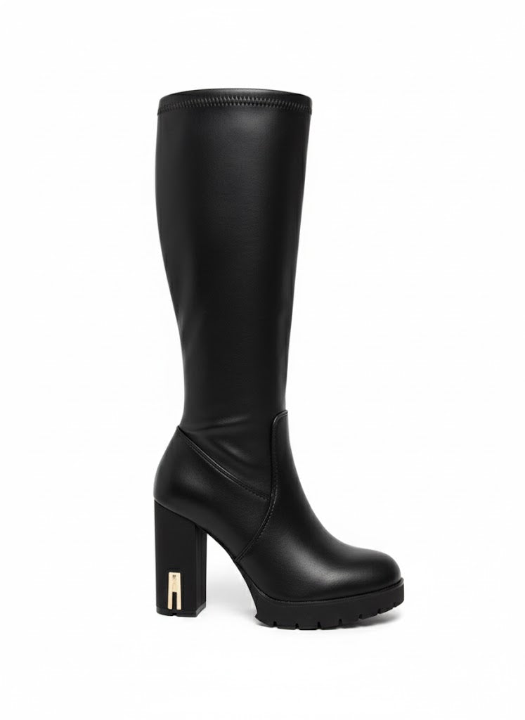 Bottes hautes noires à talon bloc avec détail métallique élégant