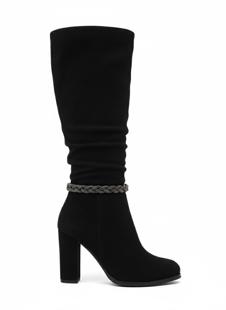 Bottes mi-mollet à talon finition suédée et détail chaîne