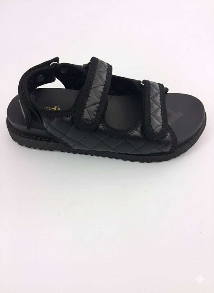 Sandales confort noires matelassées à scratchs & brides matelassées réglables