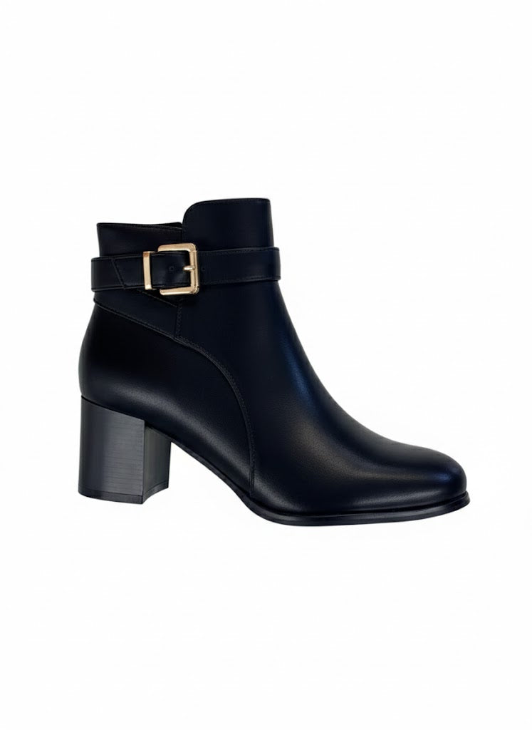 Bottines noir à talon bloc avec bride et boucle dorée