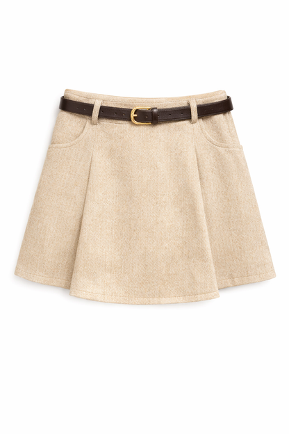 Short jupe évasée à plis taille haute avec ceinture intégrée