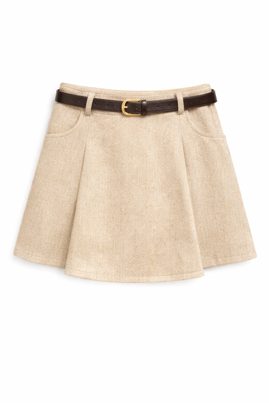 Short jupe évasée à plis taille haute avec ceinture intégrée