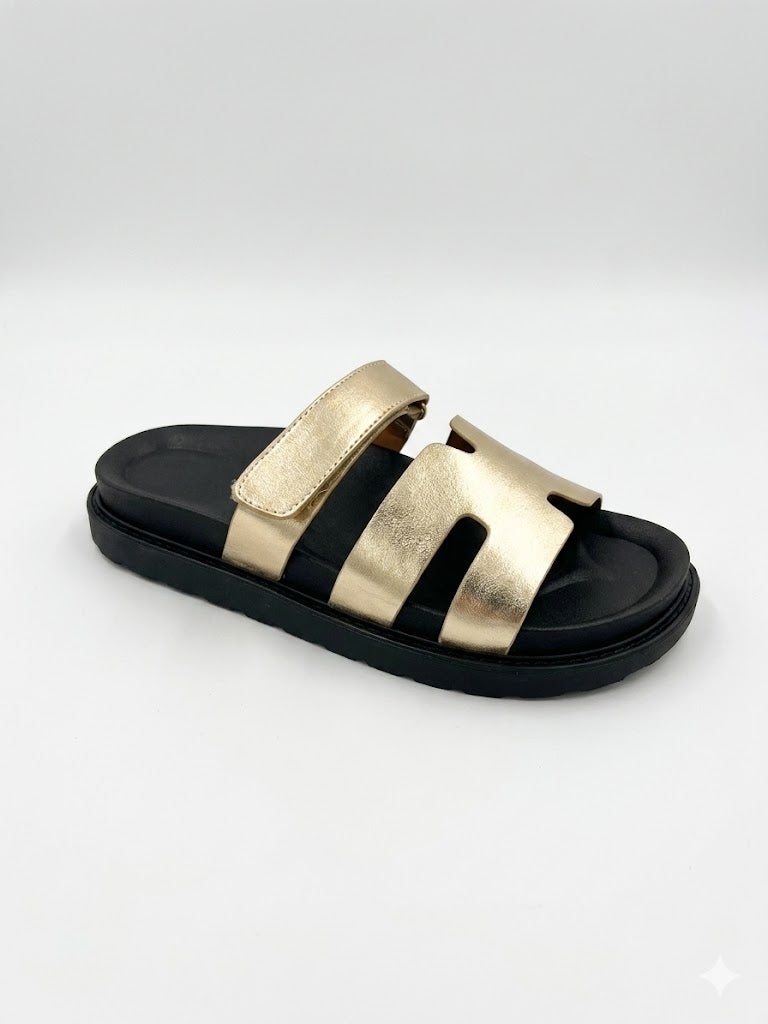 Mule Cuir à Double Bride Velcro sur Semelle Plateforme Noire