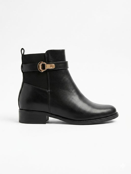 Bottine Chelsea Noire Talon Bas – Bride Latérale Boucle Dorée & Élastique Côté