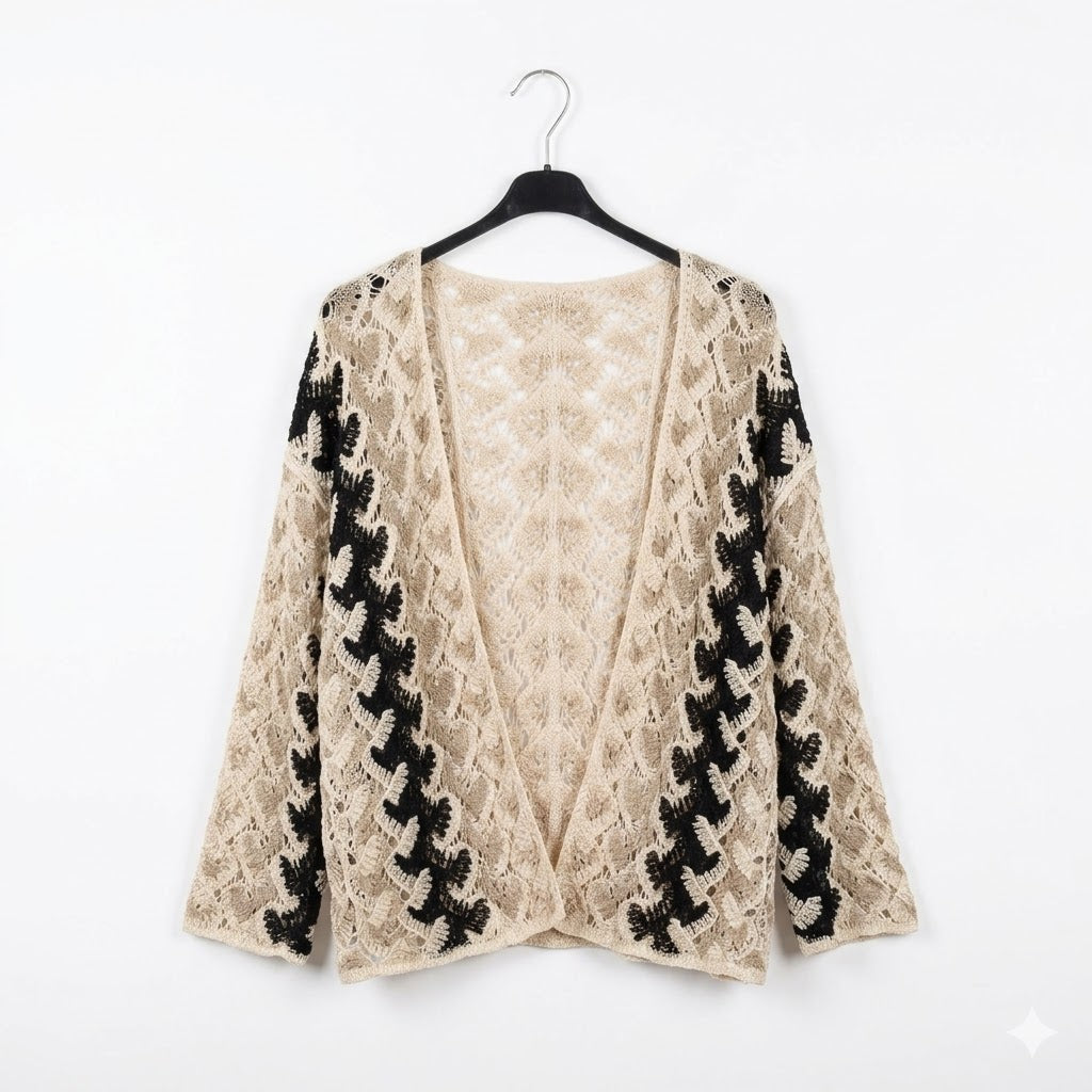 Gilet ouvert en crochet ajouré avec motifs floraux contrastés