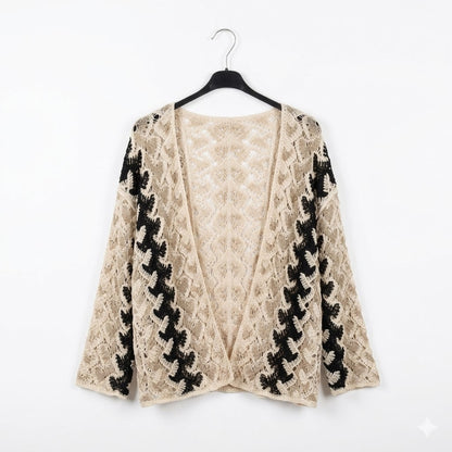 Gilet ouvert en crochet ajouré avec motifs floraux contrastés