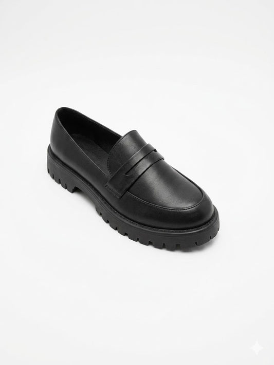 Mocassins noirs à grosse semelle crantée et bande penny